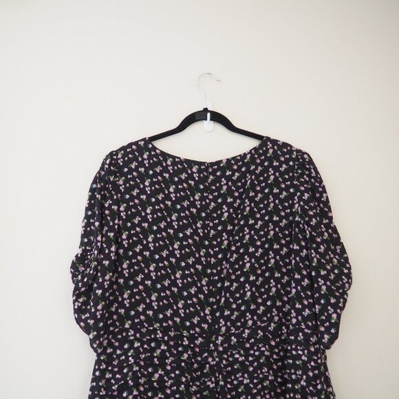 Tanya Taylor Black Floral Pansy Puff Sleeve V-Neck Ruched Flounce Silk Dress - Picture 10 of 12